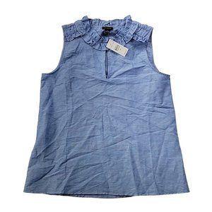 NEW Ann Taylor Women's XS Sky Blue Sleeveless Blouse Top Ruffle Neck Linen Blend